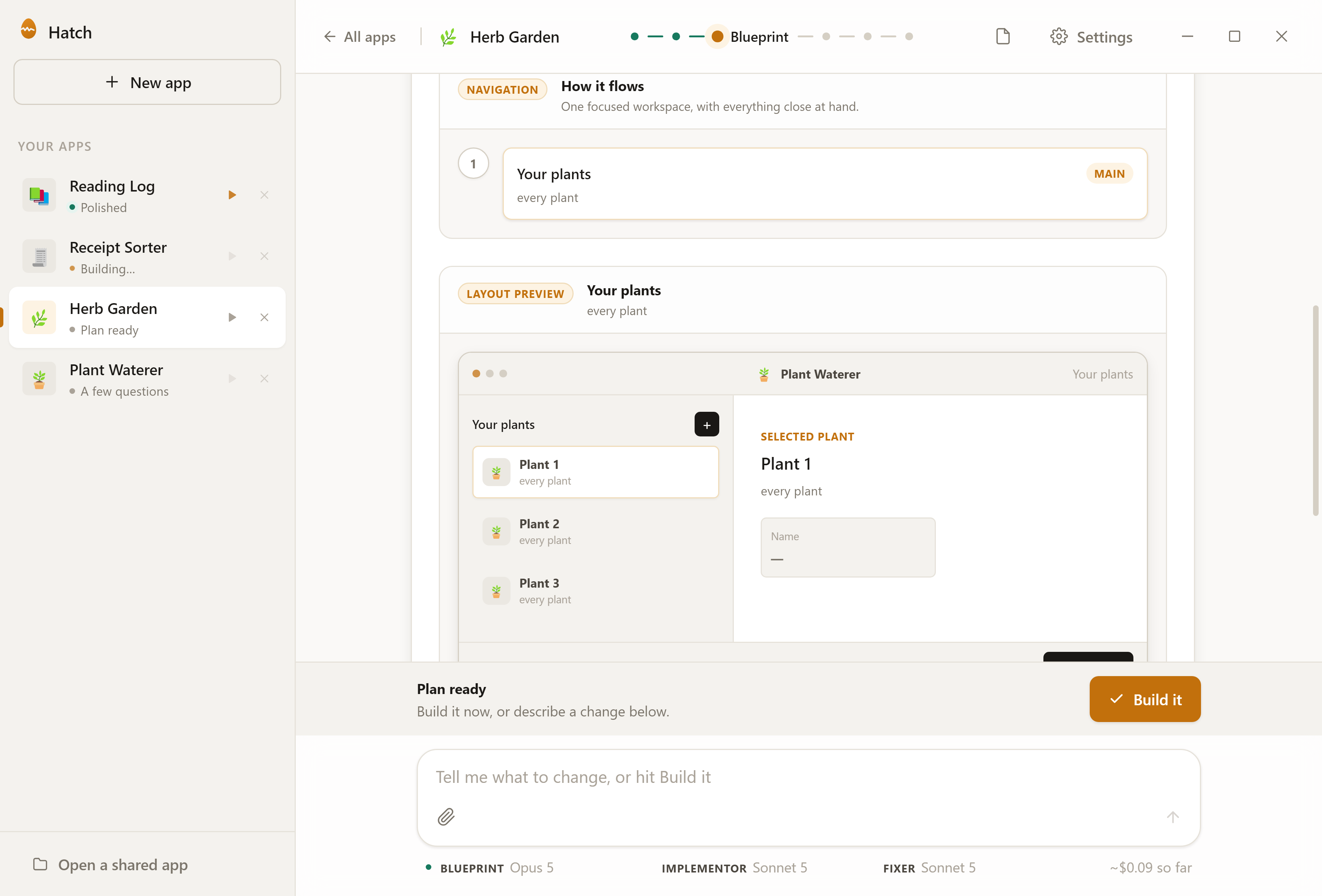 A Hatch blueprint: a “How it flows” card naming the app's one main screen, then a drawn layout preview of the Plant Waterer window showing a list of plants beside a selected-plant panel, and a Plan ready bar with an amber Build it button.