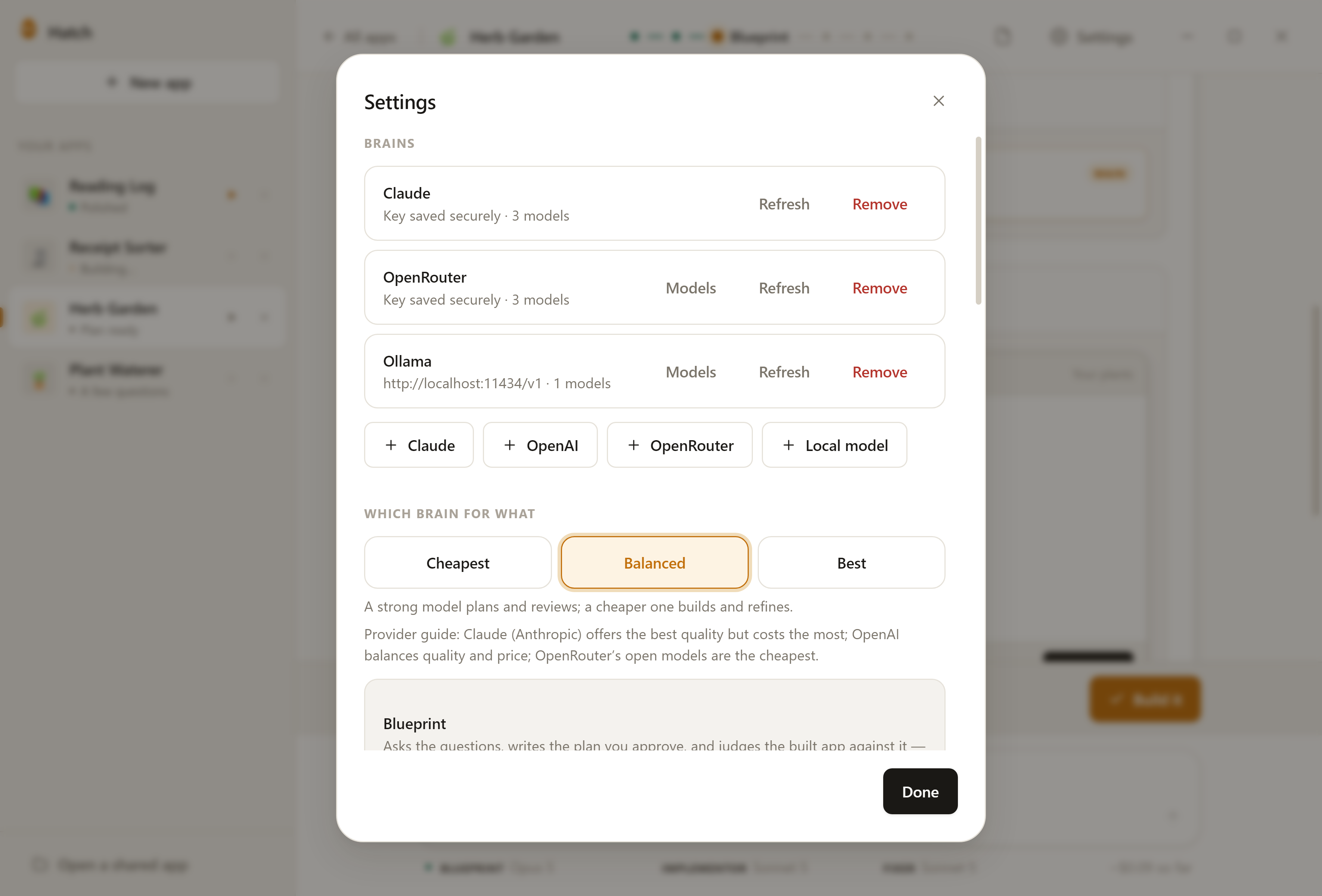 Hatch's settings panel listing connected cloud and local models, with a Cheapest, Balanced and Best selector and Balanced chosen.